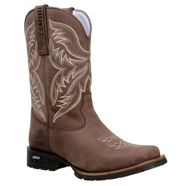Bota Texana Masculina Bico Quadrado Couro Legítimo Crazy Horse Café Bordado Marfim
