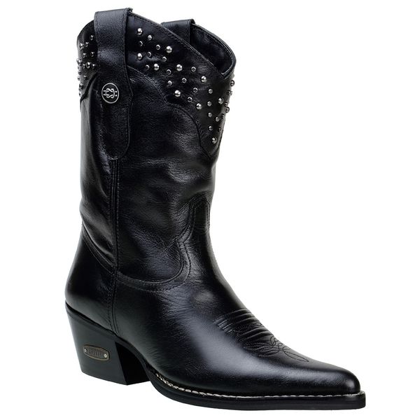 Bota Country Feminina Cano Médio Bico Fino Couro Legítimo Soft Preto Com Strass