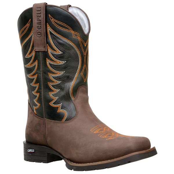 Bota Texana Masculina Bico Quadrado Couro Legítimo Crazy Horse Café / Fóssil Verde Bordado Raio
