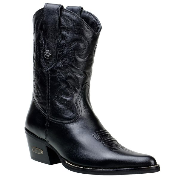 Bota Country Feminina Cano Médio Bico Fino Couro Legítimo Soft Preto Detalhes Em Bordado