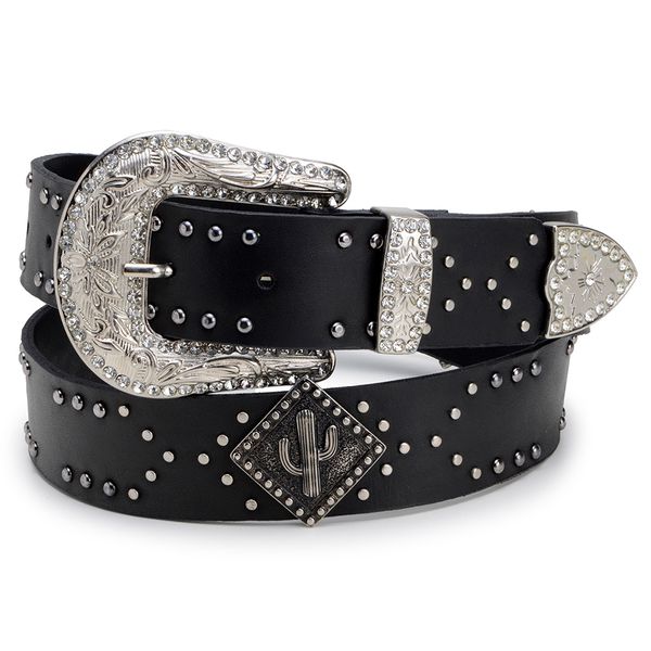 Cinto Feminino Em Couro Legitimo Látego Preto Fivela 100% Metal Desenho Cacto