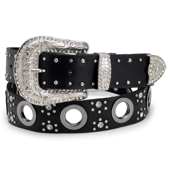 Cinto Feminino Em Couro Legitimo Látego Preto Em Argola 100% Metal E Strass