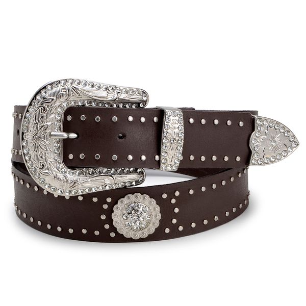 Cinto Feminino Em Couro Legitimo Látego Café Fivela 100% Metal Com Brilhante