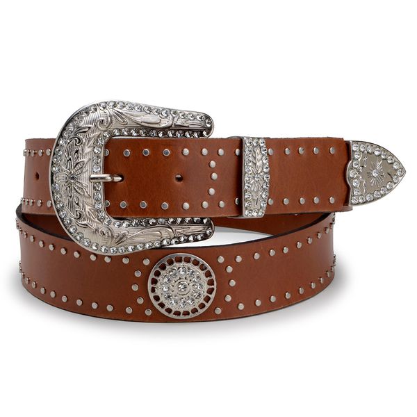 Cinto Feminino Em Couro Legitimo Pull Up Caramelo Fivela 100% Metal Com Brilhante 