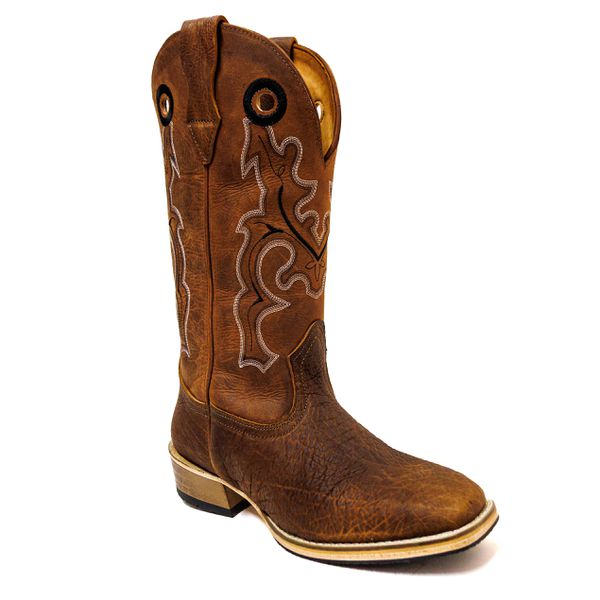 Bota Texana Masculina Couro Legítimo de Cabeça Original e Crazy Horse Sela Bordado Raio Salto Carrapeta