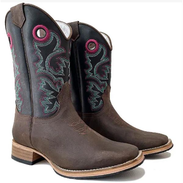 Bota Texana Masculina Cano Padrão Couro Legítimo Mustang Café e Látego Preto Bordado Linha Solado Couro Reto