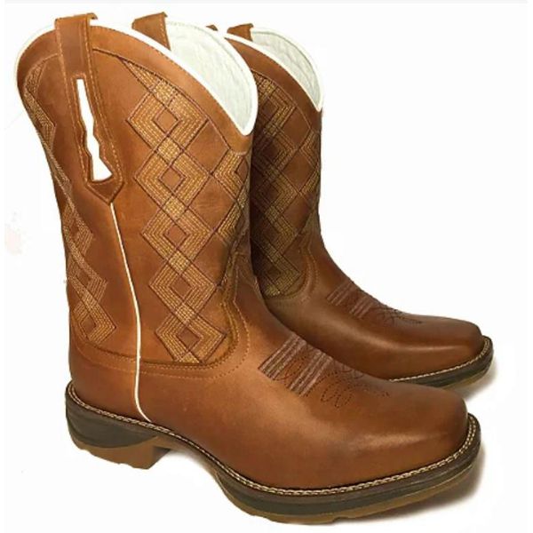Bota Texana Masculina Cano Padrão Couro Legítimo Crazy Horse Sela Bordado Geométrico Solado Jump