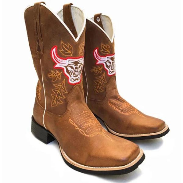 Bota Texana Masculina Cano Padrão Couro Legítimo Crazy Horse Sela Bordado Boi Solado Borracha 