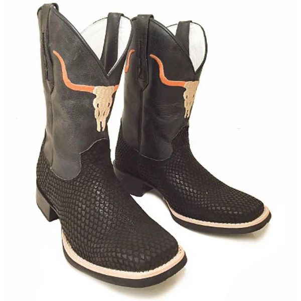 Bota Texana Masculina Cano Padrão Couro Legítimo Crazy Horse Preto e Tilápia Preto Bordado Boi Solado Borracha 