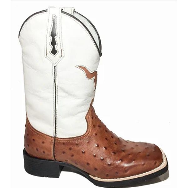 Bota Texana Masculina Cano Padrão Couro Legítimo Avestruz Whisk e Floater Branco Bordado Boi Solado Borracha