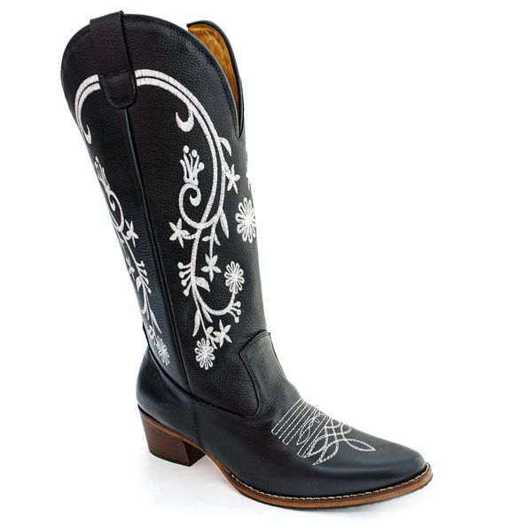 Bota Texana Feminina Country Couro Legítimo Bovino Floater Preto Bordado Floral