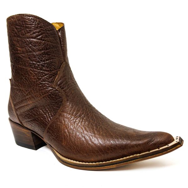 Botina Country Masculina Bico Fino Couro Legítimo Bovino Legítimo Elefante Café Com Zíper