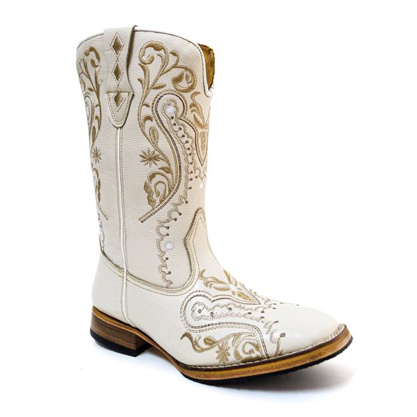 Bota Texana Feminina Couro Legítimo Bovino Floater Off White Bordado Real