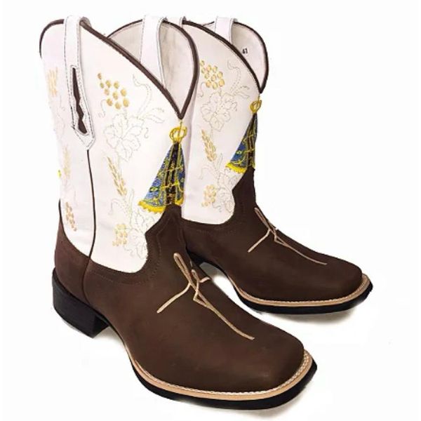 Bota Texana Masculina Cano Padrão Couro Legítimo Mustang Café Floater Branco Bordado Fé e N.S