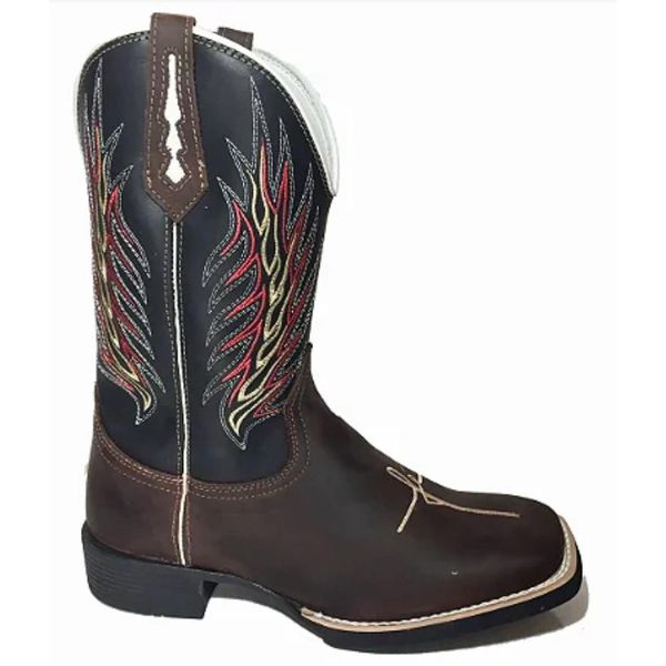 Bota Texana Masculina Cano Padrão Couro Legítimo Bovino Mustang Café e Preto Bordado Fé e Asa
