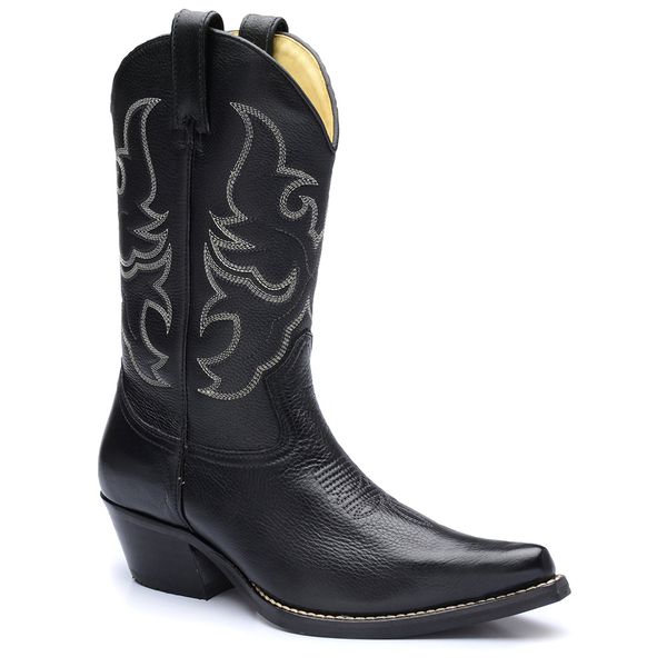 Bota Texana Masculina Bico Fino Couro Legítimo Bovino Floater Preto Com Solado Preto