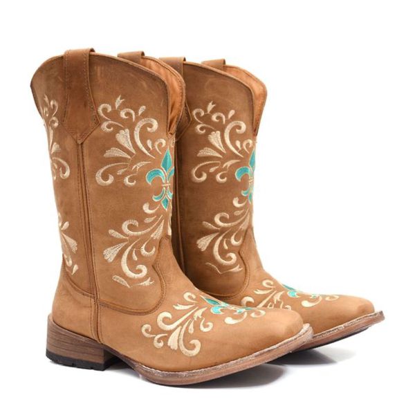 Bota Texana Country Feminina Couro Bovino Legítimo Crazy Horse Tabaco e Bordado Cruz Turquesa