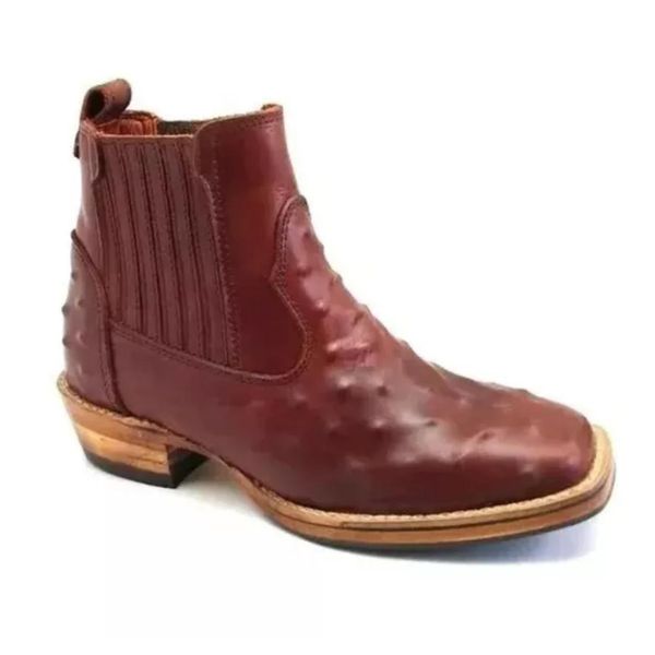  Bota Masculina Bico Quadrado Couro Nobuck Pinhão Avestruz