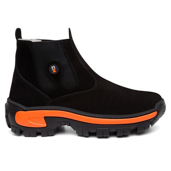 Botina Masculina Couro Nobuck Preto Laranja Johncat com Biqueira Composite Reforçada, Solado Micro Expandido Blaqueado, Palmilha Gel Anatômica Copia