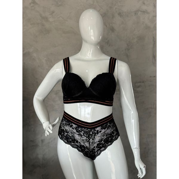 Conjunto Plus Size Renda Preto Elástico Bronze