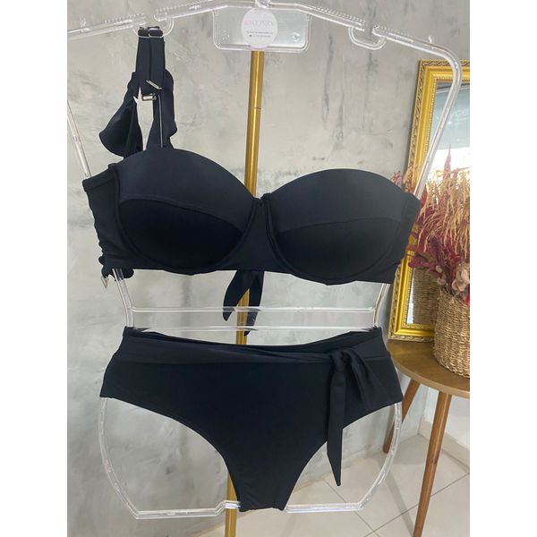 Biquíni Plus Size Alça Removível Preto com calcinha laço