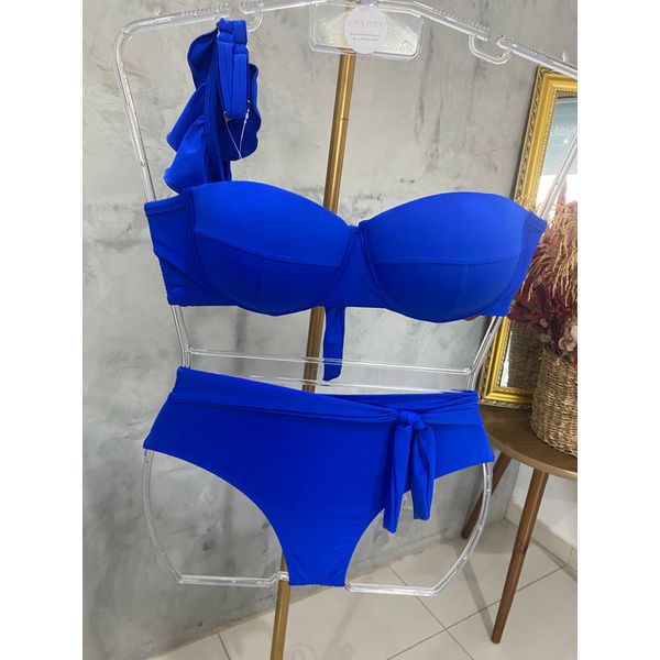 Biquíni Plus Size Alça Removível Azul com calcinha laço
