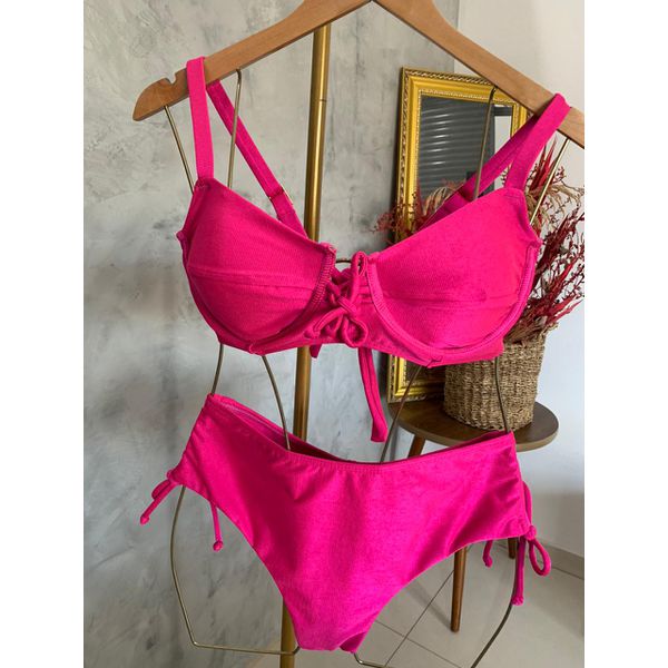 Biquini Meia Taça Caribe Rosa Choque fio duplo regulagem