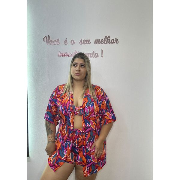 Conjunto Saída de Praia Kimono Plus Size Estampa Multicolorido 077.02 Multicolorido