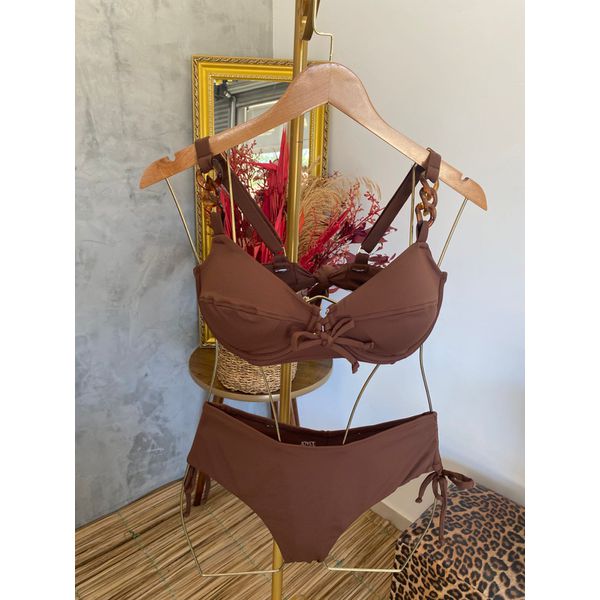 Biquini Meia Taça Caribe Marrom com corrente tartaruga fio duplo regulagem 0138.77 Marrom