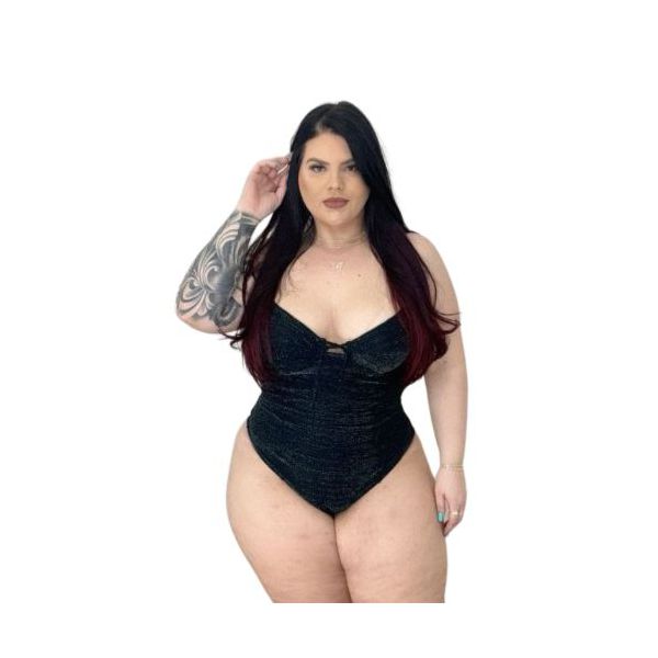 Maiô Plus Size Meia Taça Preto Lurex com bojo removível