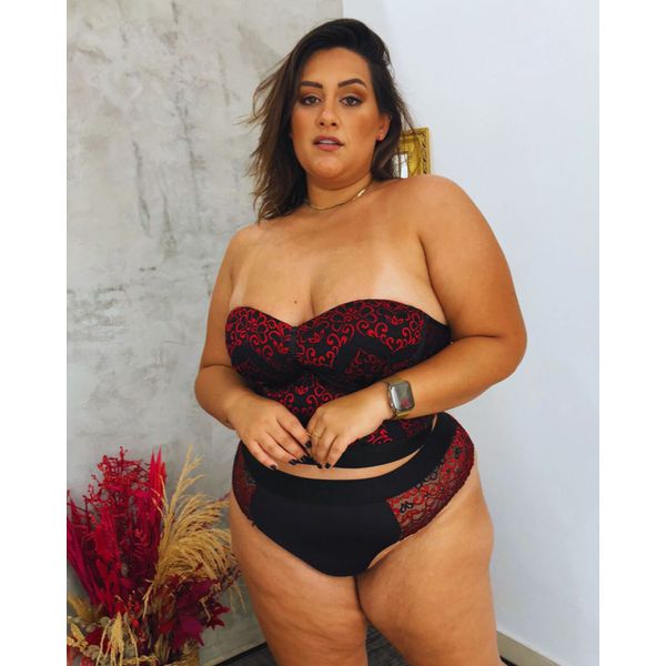 Conjunto Premium Cropped Tomara Que Caia Calcinha Fio Duplo Gota Vermelho Preto