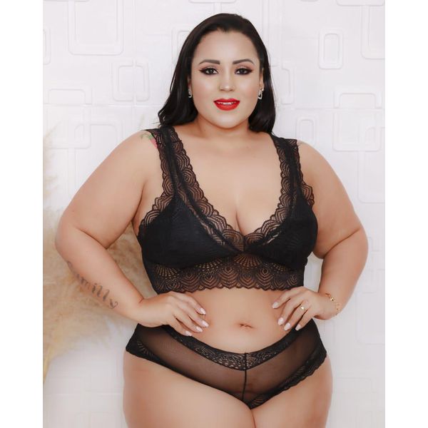 Conjunto Premium Plus size Croped De Renda Madona Preto Com Caleçon 212.01
