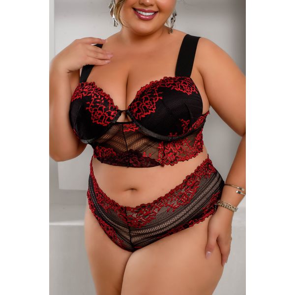 Conjunto Plus Size Cropped Caleçon Renda Preto e Rubi 197.05