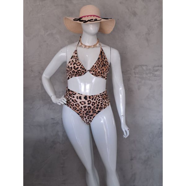 Biquini Premium Plus Size Aro Único e Calcinha Fio DuploLateral Franzida Onça