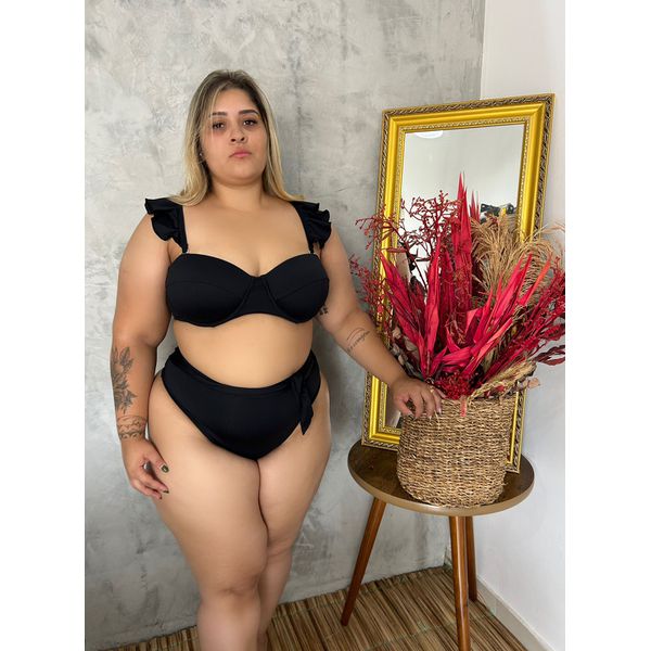 Biquíni Plus Size Alça Removível Preto com calcinha laço
