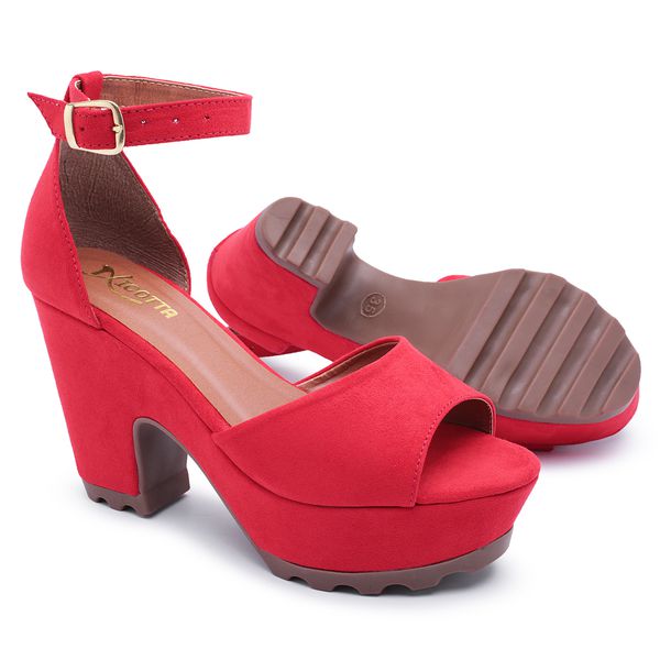 Sandália Feminina Salto Alto Grosso Meia Pata Tratorado Sintético Original Confortável Moderno Vermelho