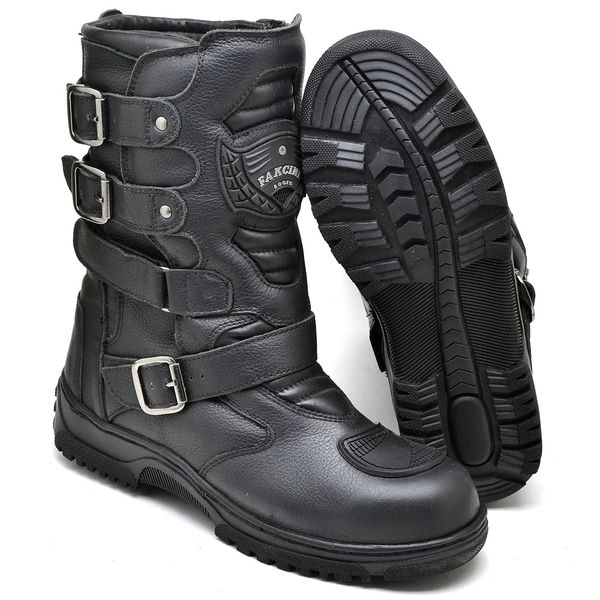 Bota Coturno Cano Médio Motociclista Motoqueiro Masculina Couro Legítmo Racing Fivelas Laterais 13005 Preta