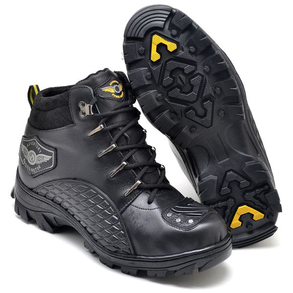 Bota Coturno Adventure Motociclista Couro Legítmo com Protetor Racing Fakcini Preto Resistente
