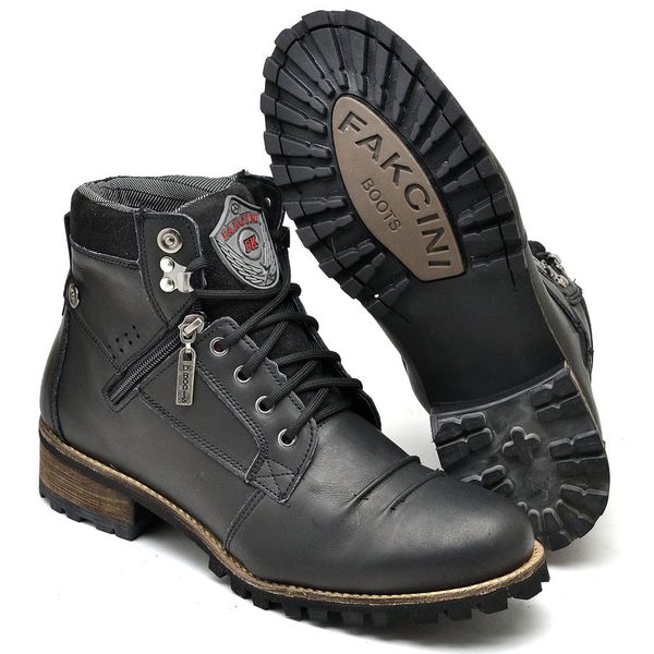 Coturno Masculino Couro Legítmo Casual Zíper Lateral Semi Cromo - Fakcini 775 Preto
