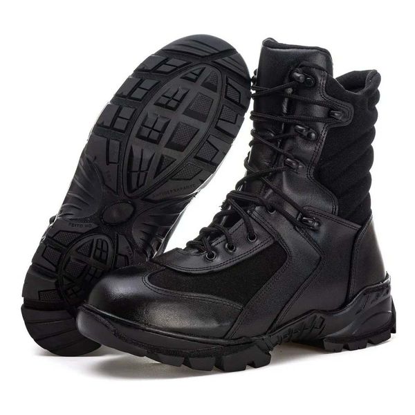 bota masculina coturno couro legitmo preto militar motociclista BPM401M resistente casual