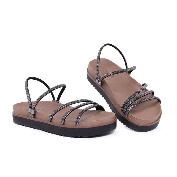 Sandália Papete Preta Feminina Birken Tiras Em Glitter Super Conforto 