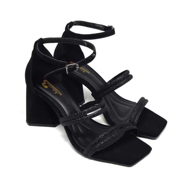 Sandália Feminina Salto Geométrico Strass Ref 3700 Preta 