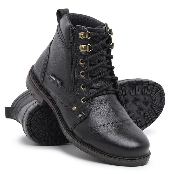 Bota Coturno Tênis Cadarço Tornozelo Couro Preto Sola de Borracha Palmilha em Gel