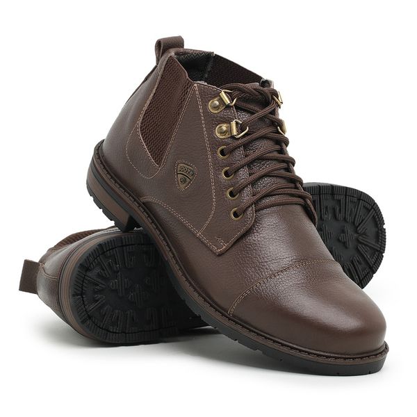 Coturno Masculino Café Bota Cano Curto Resistente Couro Legítimo Resistente Palmilha em Gel