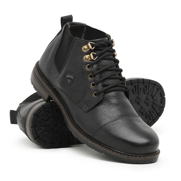 Coturno Masculino Preto Cano Curto Resistente Couro Legítimo Resistente Palmilha em Gel