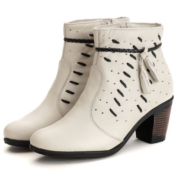 Coturno Saltinho 6803 Bota Feminina Off White de Couro Legítimo Pettinari Passeio Moda Feminina