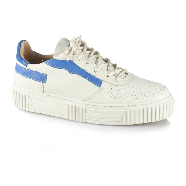 Tênis Feminino Casual Moderno de Couro Off White/Azul Mariah com Cadarço