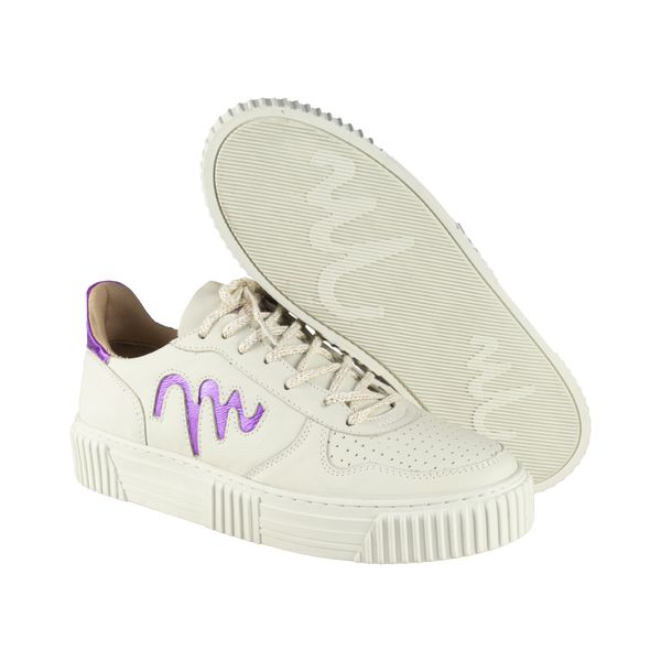 Tênis Feminino Casual Movers Couro Off White/Roxo para Trabalho Dia a Dia Passeios Moderno Elegante