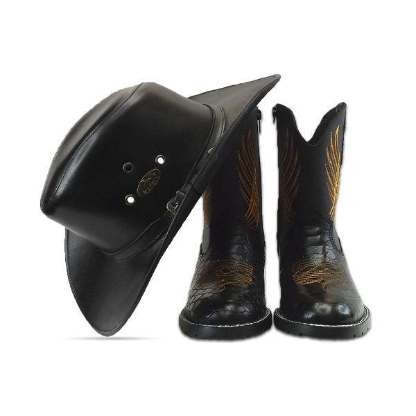 Combo Chapéu em Couro + Bota Texana Unissex Em Couro Kapell