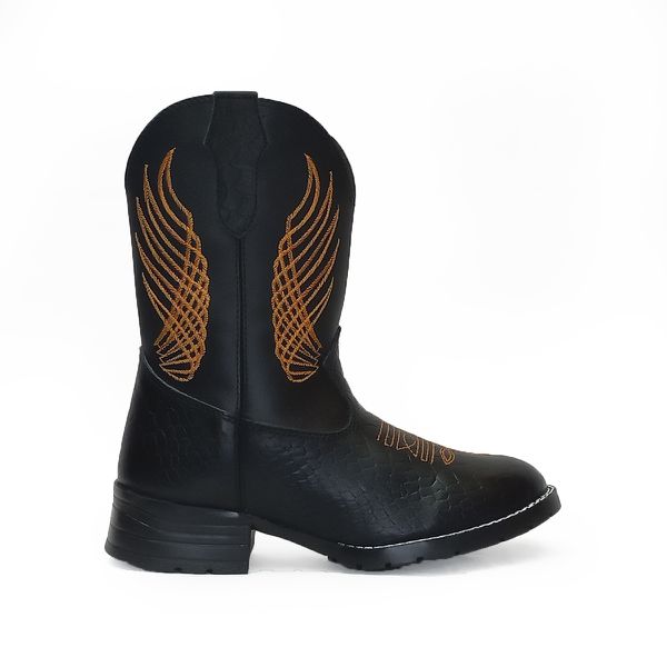 Bota Texana Unissex Infantil em Couro Preto Manga Larga Kapell
